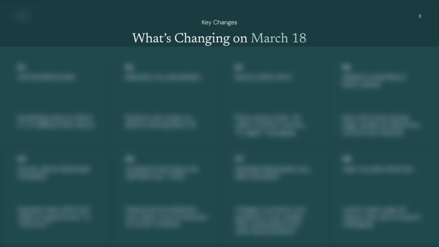 What's-changing page: eight numbered changes in a grid. Details blurred.