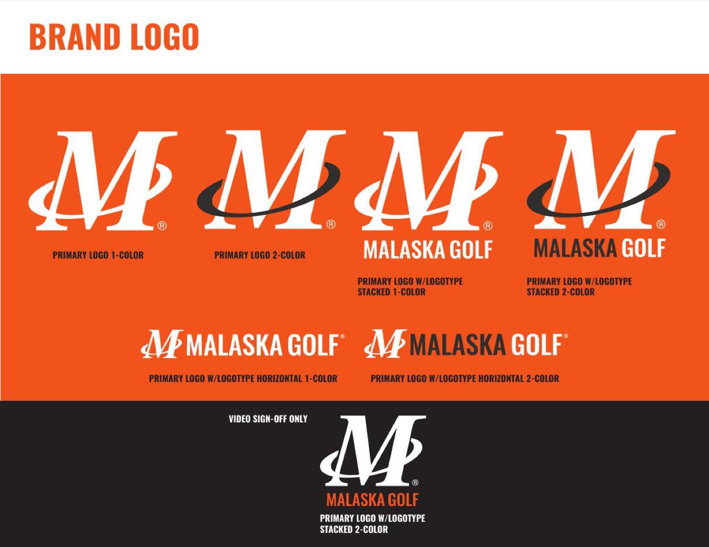 Logo page showing one-color, two-color, stacked and horizontal lockups, plus the video sign-off mark.