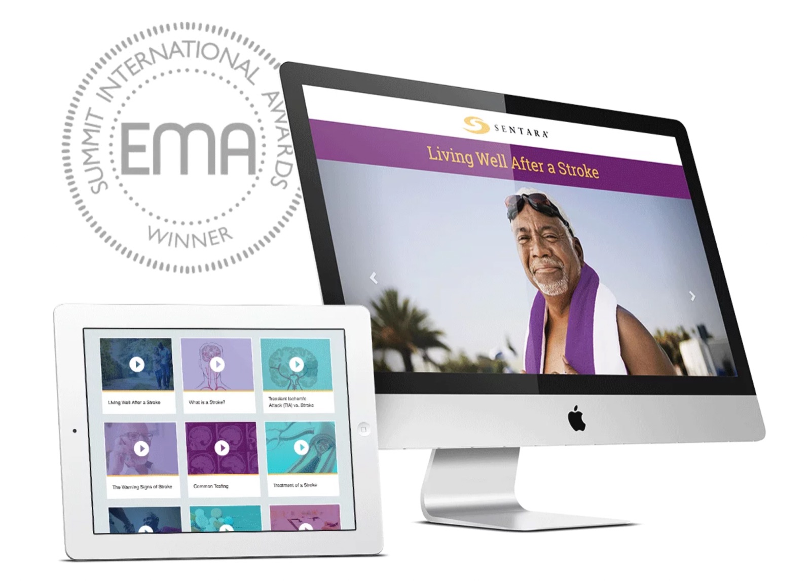 The Summit Emerging Media Award seal beside the portal shown on a desktop and a tablet.